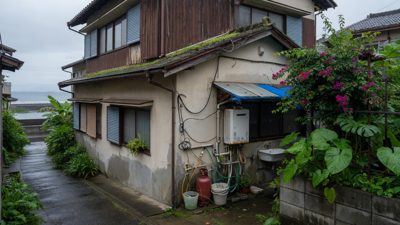海岸近くの住宅外壁に付いた給湯器