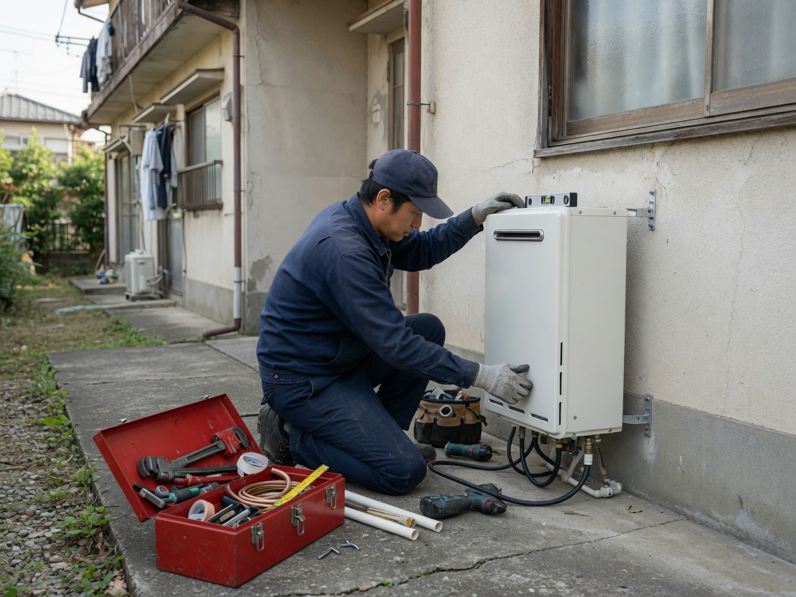 水平器を当てて給湯器を固定する作業