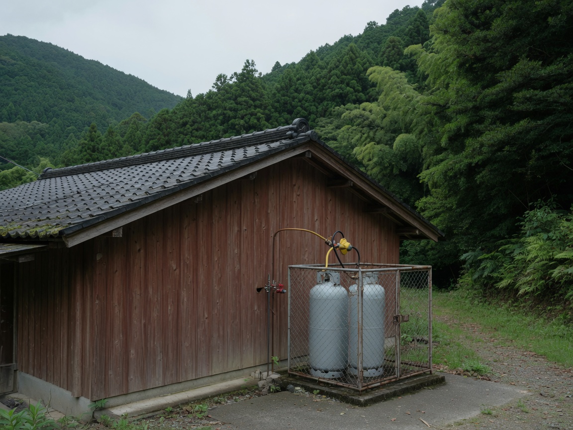 山間の住宅に置かれたLPガスボンベ
